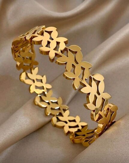 18K Gold Plated Stainless Steel Leaf Vine Openwork Bangle Bracelet – Luxury Elegant Unisex Nature Inspired Jewelry Gift for Men & Women